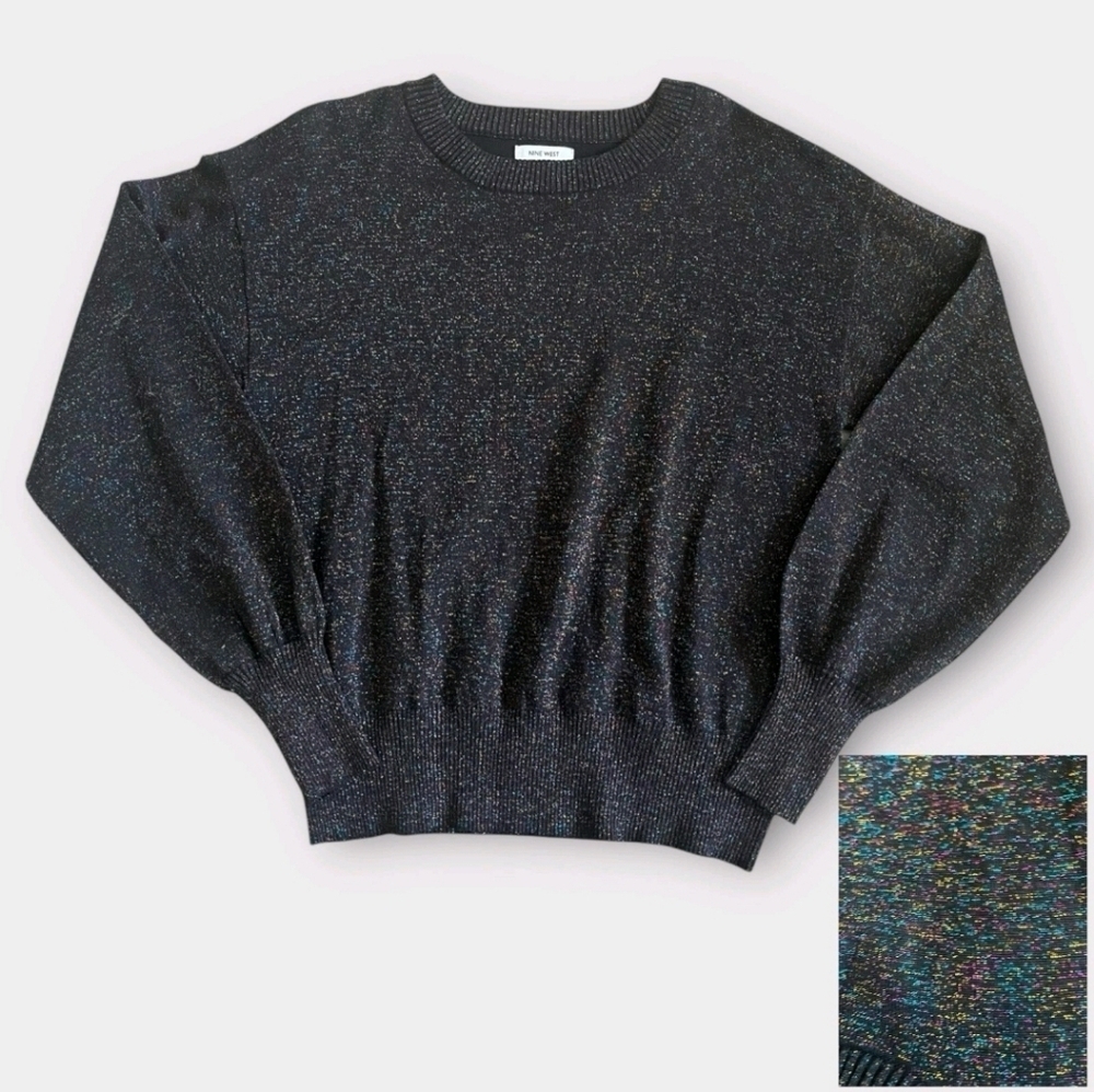 Nine West Womens Glittered Crewneck Sweater Size MED Black Multicolor Metallic